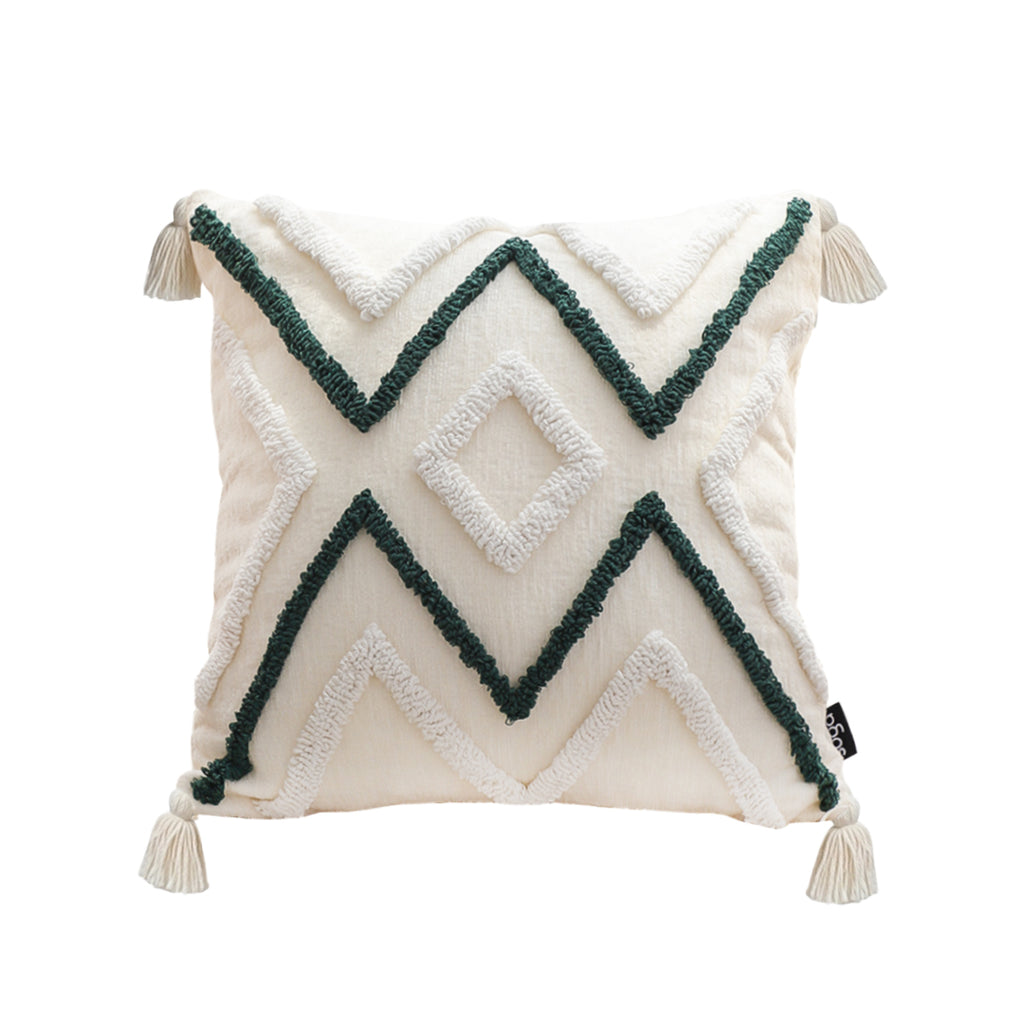SOGA Boho Tufted Cushion 45cm Tassel Beige Green Geometric Chevron Throw Pillow