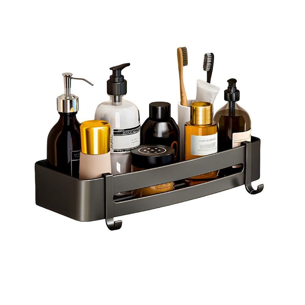 Black Wall-Mounted Rectangular Bathroom Storage Shelf Rack with Hooks