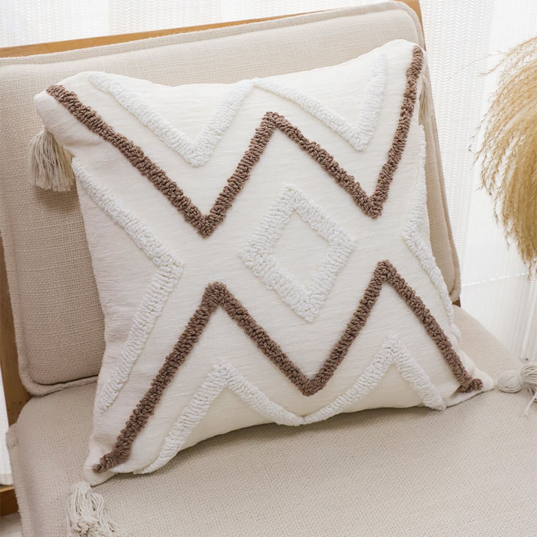 SOGA Boho Tufted Cushion 45cm Tassel White Brown Geometric Decorative Throw Pillow