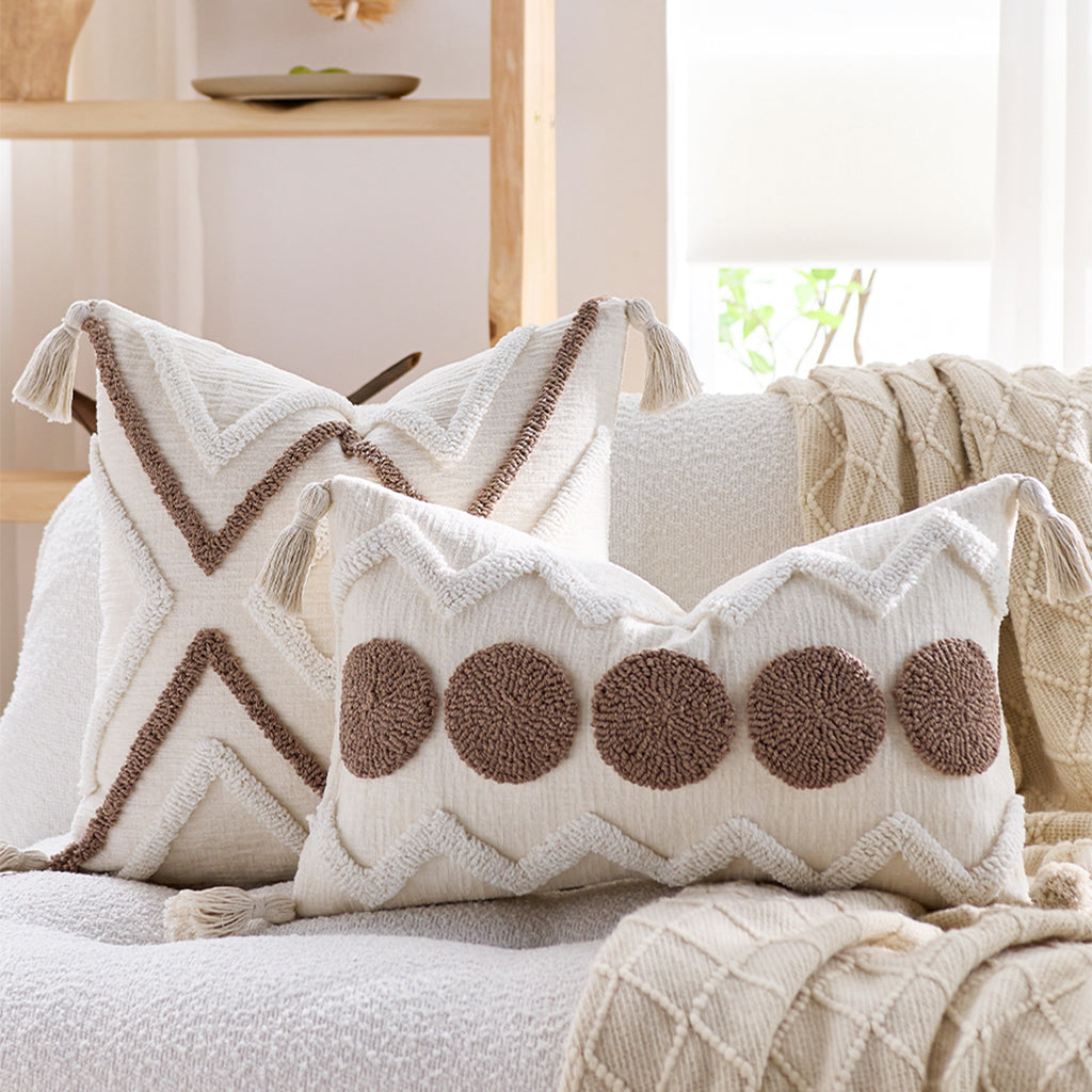 SOGA Boho Tufted Cushion 30x50cm Tassel White Brown Circle Decorative Throw Pillow