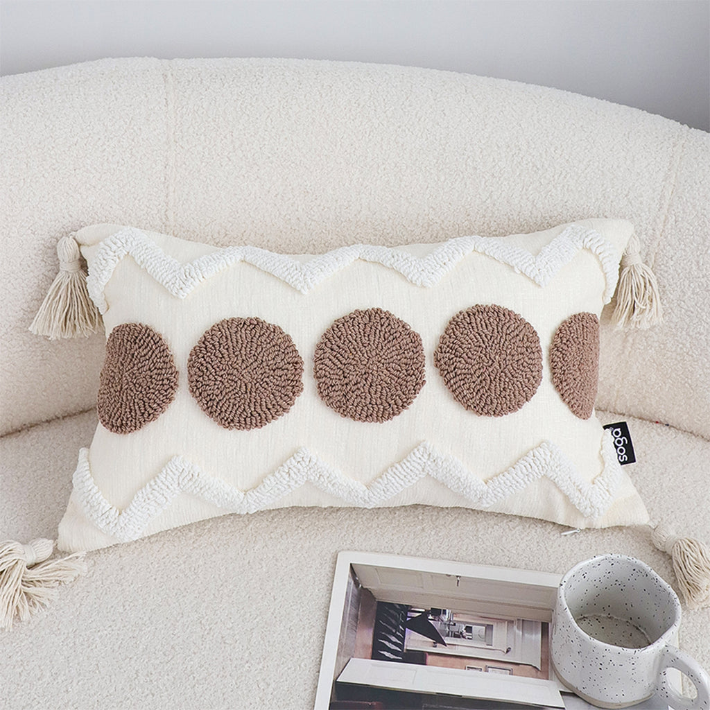 SOGA Boho Tufted Cushion 30x50cm Tassel White Brown Circle Decorative Throw Pillow