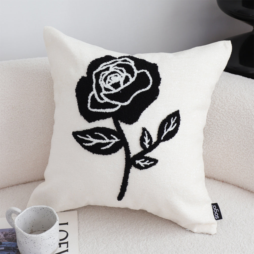 SOGA 45cm White Black Single Rose Embroidered Throw Pillow