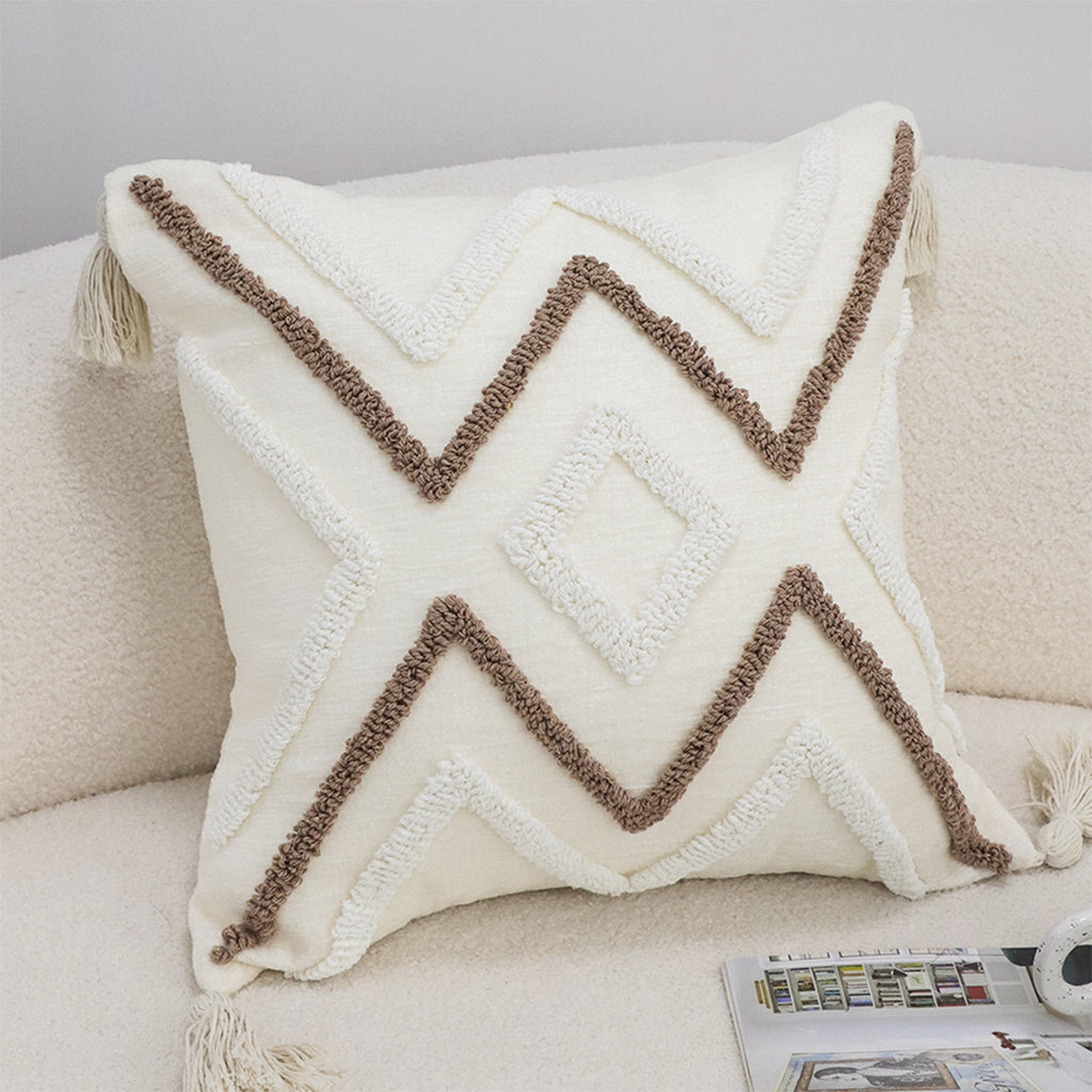 SOGA Boho Tufted Cushion 45cm Tassel White Brown Geometric Decorative Throw Pillow