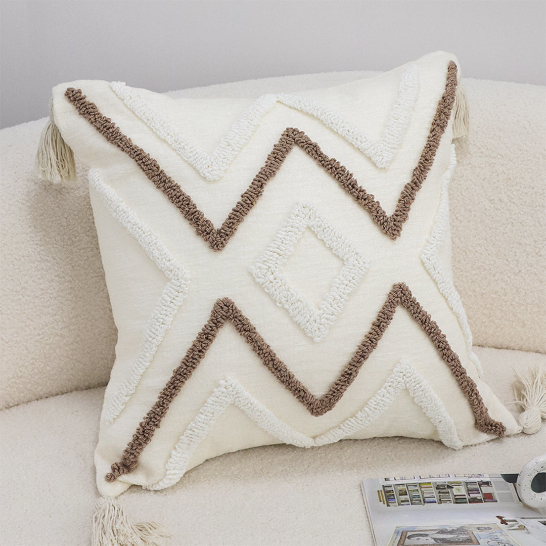 SOGA Boho Tufted Cushion 45cm Tassel White Brown Geometric Decorative Throw Pillow