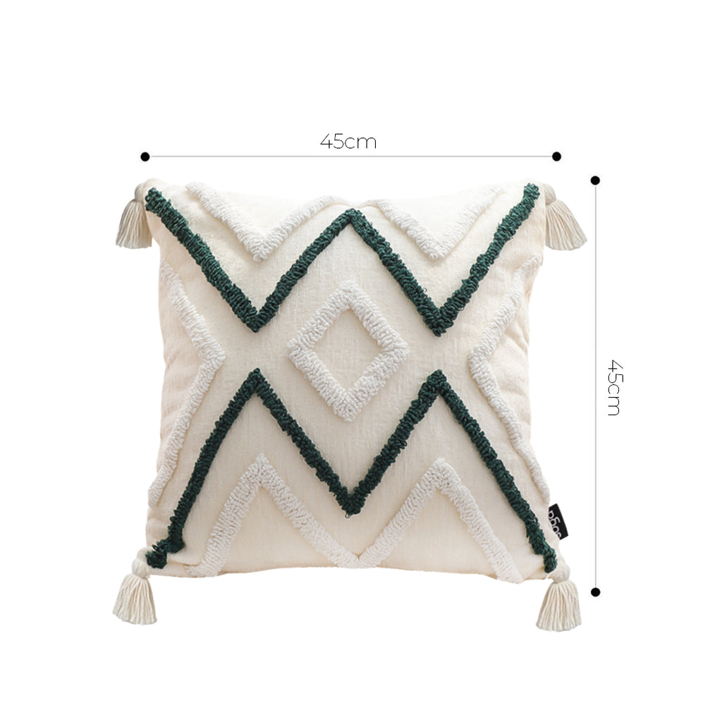 SOGA Boho Tufted Cushion 45cm Tassel Beige Green Geometric Chevron Throw Pillow