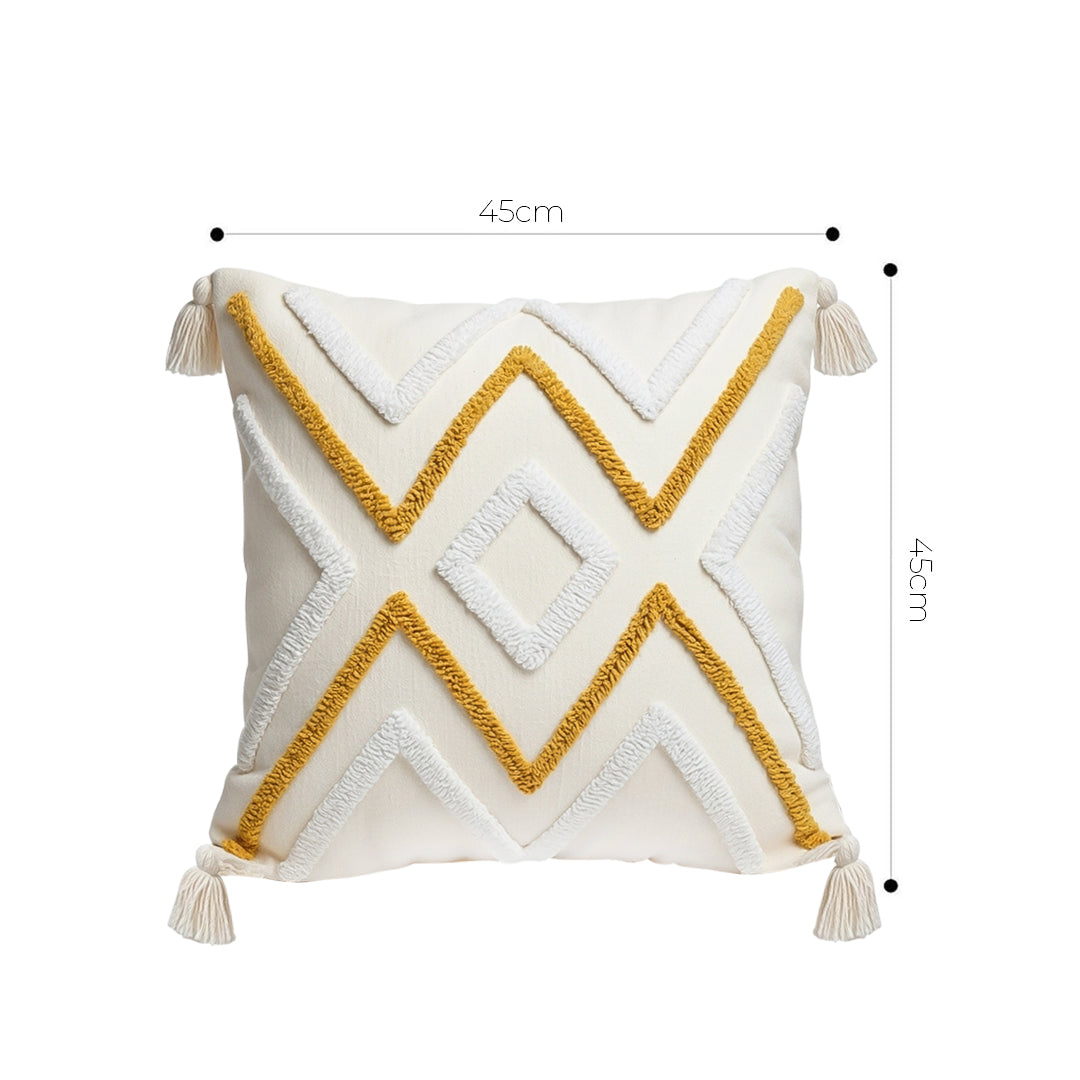 SOGA Boho Tufted Cushion 45cm Tassel Beige Yellow Geometric Chevron Throw Pillow