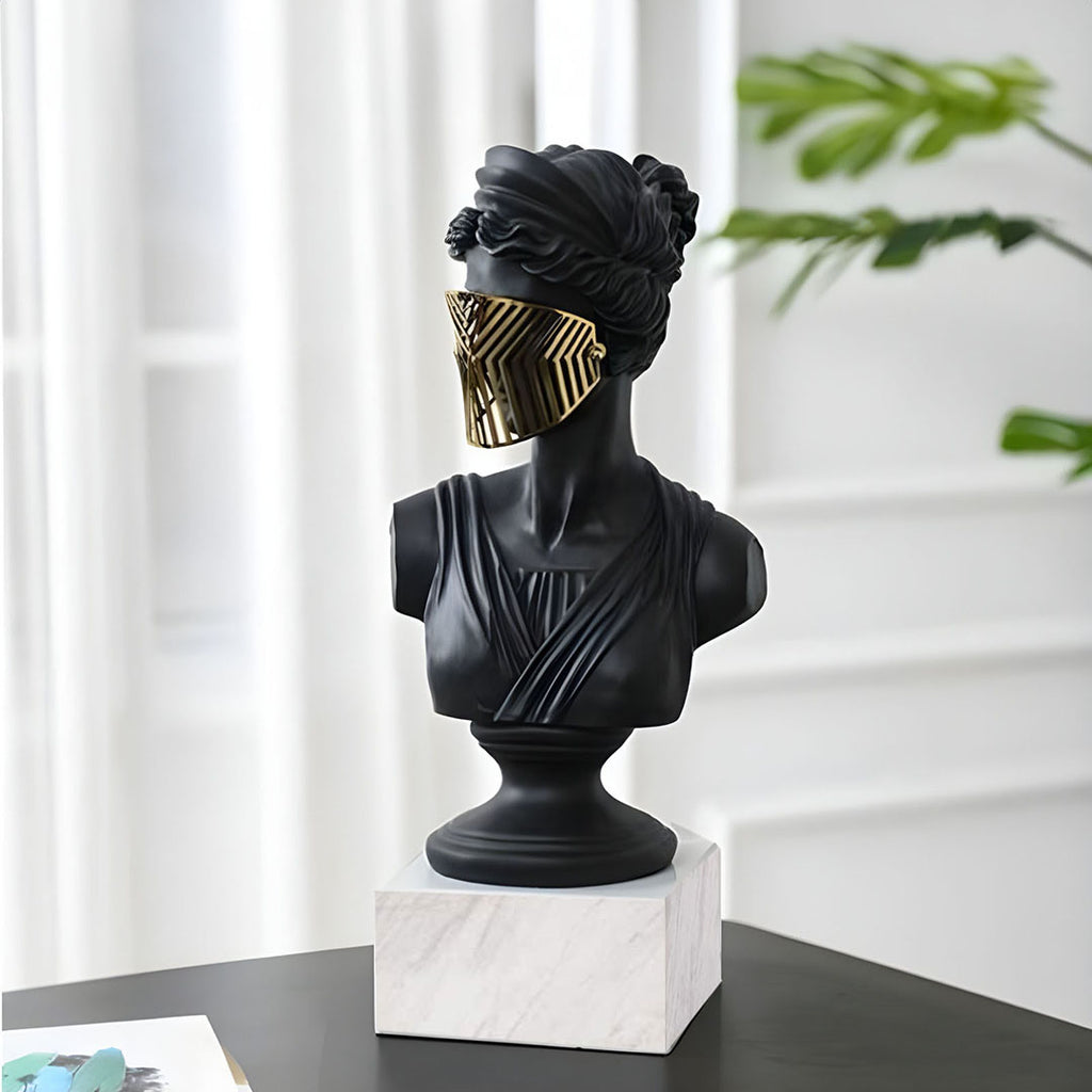 SOGA 45cm Black Resin Bust – Gold Striped Mask Home Sculpture