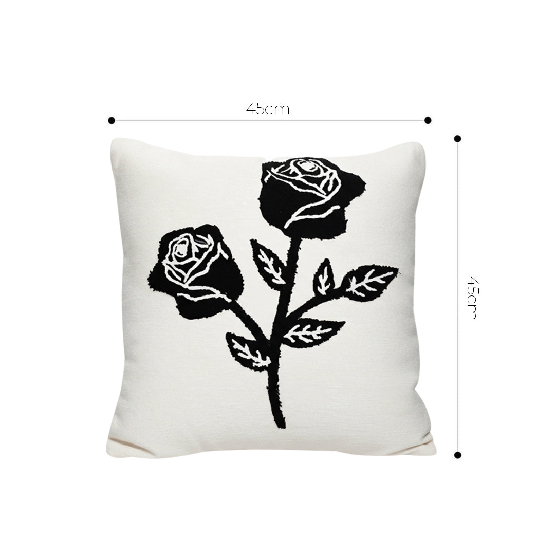 SOGA 45cm White Black Rose Floral Embroidered Throw Pillow