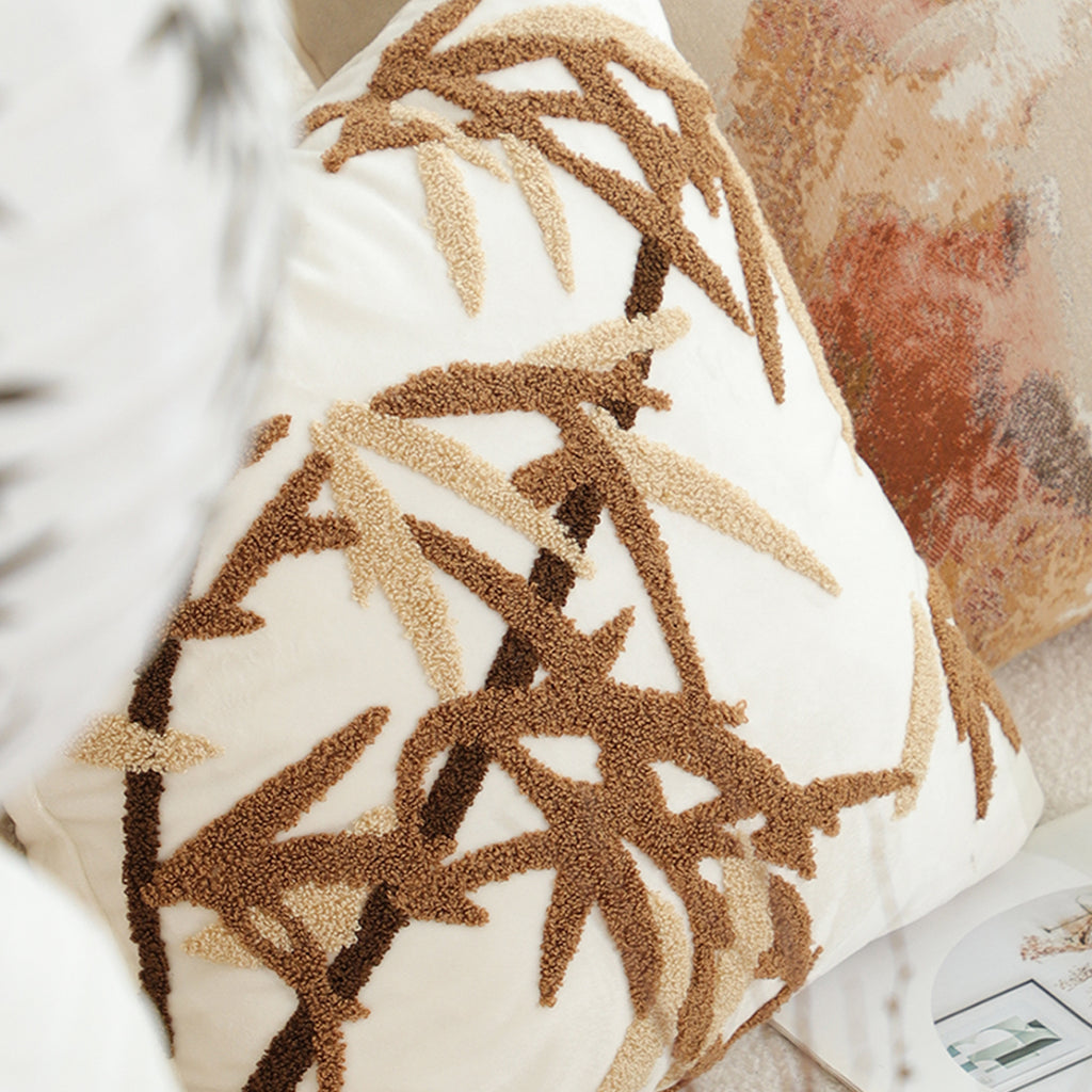 SOGA 45cm Cream Brown Bamboo Leaf Botanical Embroidered Throw Pillow