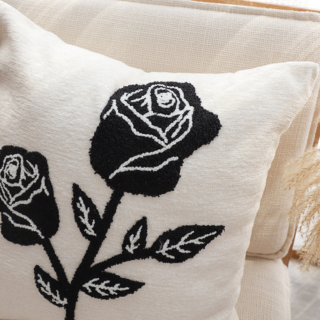 SOGA 45cm White Black Rose Floral Embroidered Throw Pillow