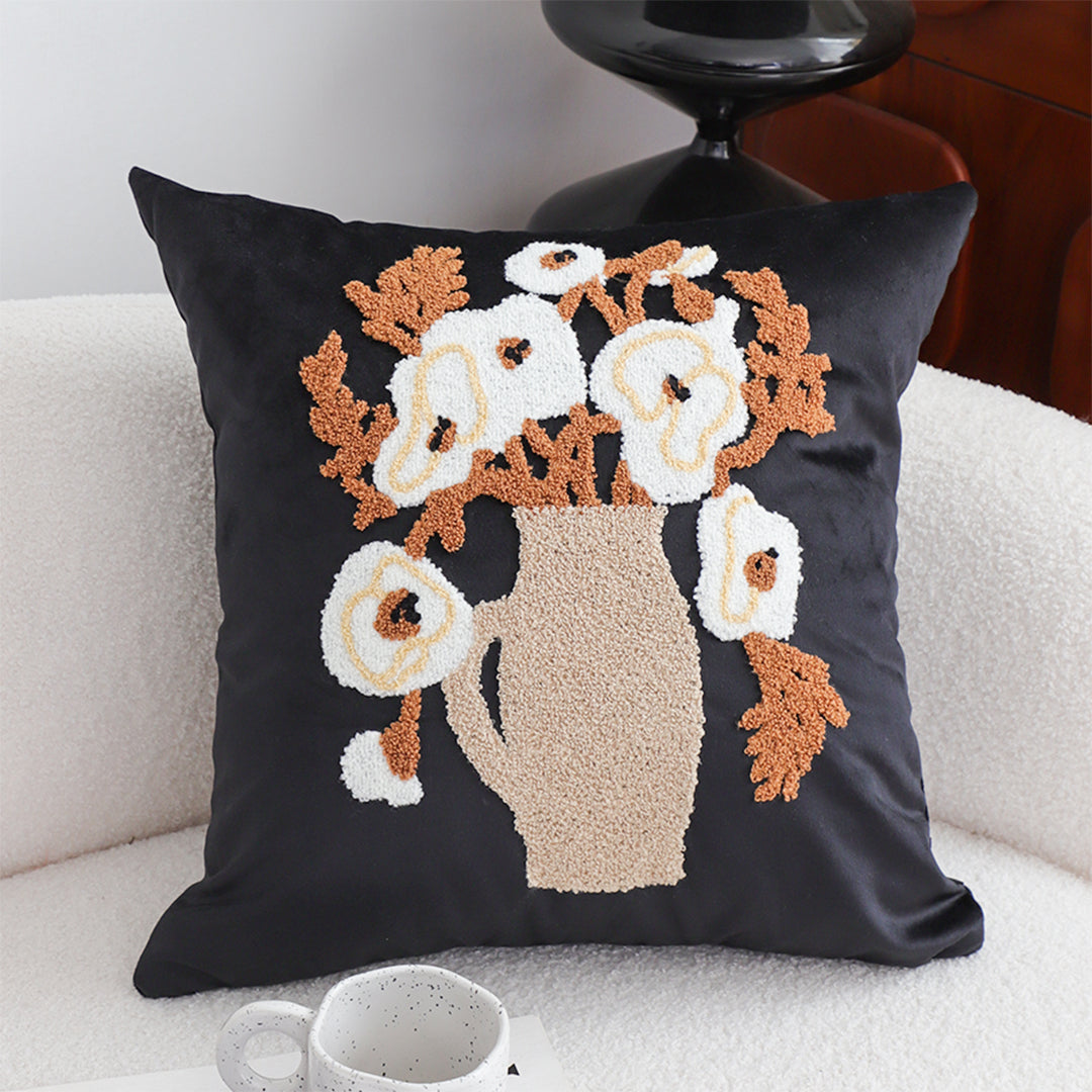 SOGA 45cm Black Brown White Floral Bouquet Embroidered Throw Pillow