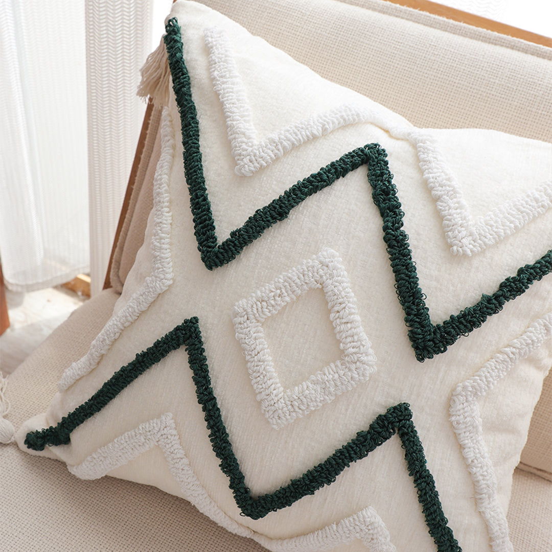 SOGA Boho Tufted Cushion 45cm Tassel Beige Green Geometric Chevron Throw Pillow