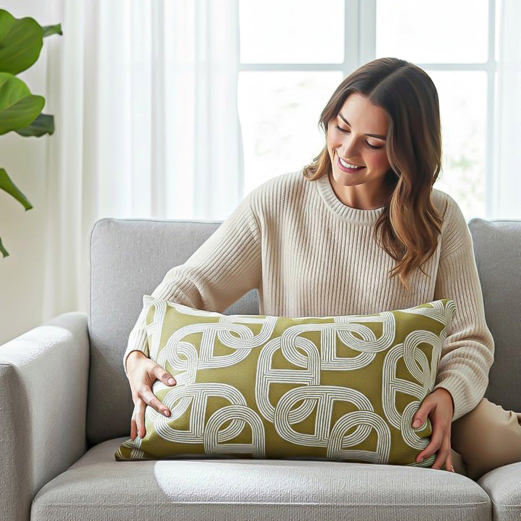 SOGA 35cm Artistic Olive Green White Geometric Pattern Throw Pillow