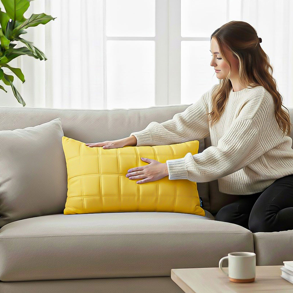 SOGA 30cm Yellow Quilted Grid Pattern Decorative Throw Pillow