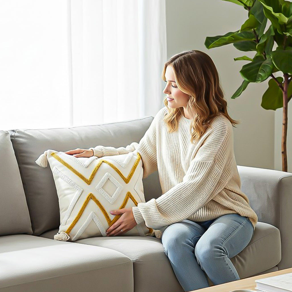 SOGA Boho Tufted Cushion 45cm Tassel Beige Yellow Geometric Chevron Throw Pillow