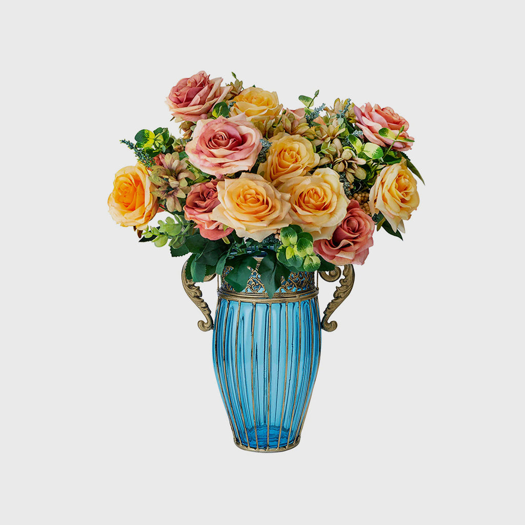 Blue Glass Flower Vase with 4 Bunch 11 Heads Artificial Silk Rose Set